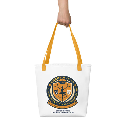 White tote bag with 'School of Emotional Choreography Tote Bag' design — Funny therapy gifts for emotional academics on the go.