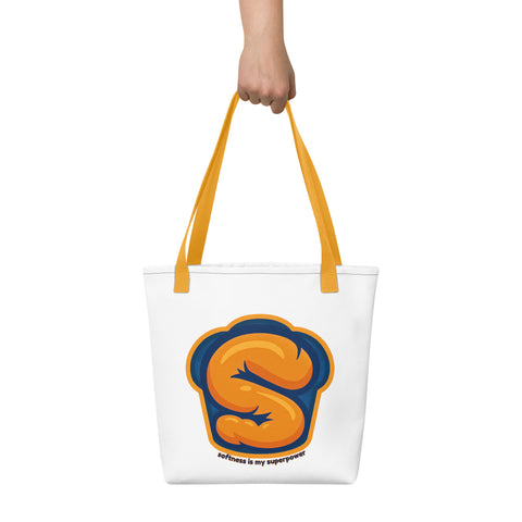 White tote bag with 'Softness Is My Superpower Tote Bag' design — Mental health accessory that carries weight.