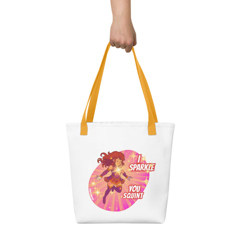 White tote bag with 'I Sparkle, You Squint Super Femme Tote Bag' design — Funny tote bags.