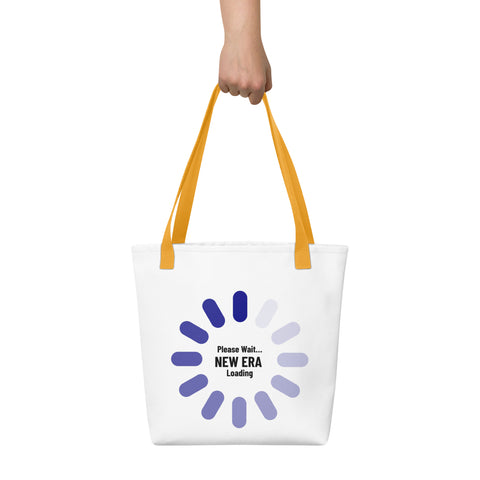 White tote bag with 'New Era Loading Tote Bag' design — Emotional support bag for soft reboots and errands with depth.