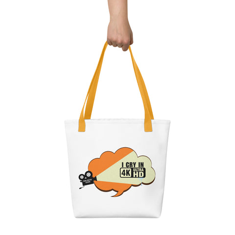 White tote bag with 'I Cry In 4K Tote Bag' design — Funny therapy gifts for meltdown queens.