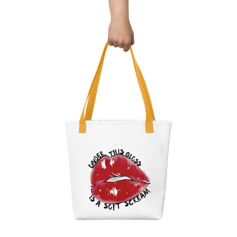 White tote bag with 'Under This Gloss Tote Bag' design — Funny therapy gifts with emotional range.