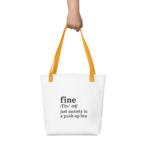 White tote bag with 'Define Fine Tote Bag' design — Funny therapy gifts for emotional carry-ons.
