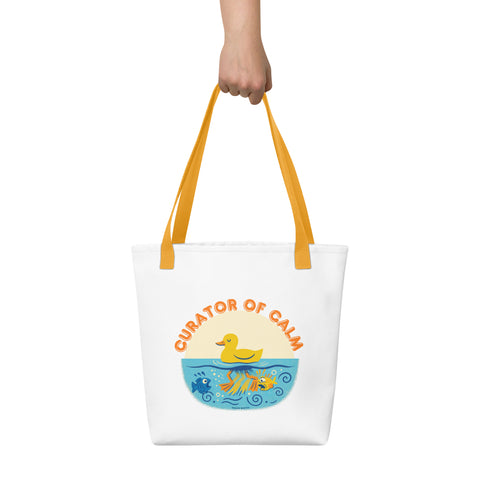 White tote bag with 'Curator of Calm Tote Bag' design — Funny therapy gifts that carry it all.