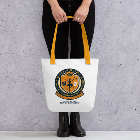 White tote bag with 'School of Emotional Choreography Tote Bag' design — Funny therapy gifts for emotional academics on the go.