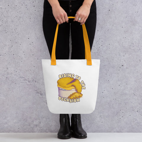 White tote bag with 'Rising To The Occasion Tote Bag' design — Emotional support bag for the beautifully unfinished.