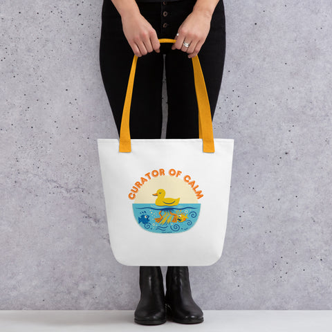 White tote bag with 'Curator of Calm Tote Bag' design — Funny therapy gifts that carry it all.