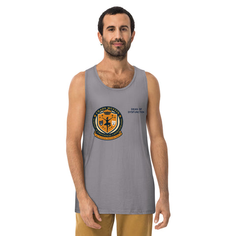 Athletic-Heather product with 'School of Emotional Choreography Mens Tank Top' design — Unhinged fashion for bros with burnout and a minor in emotional fluency.