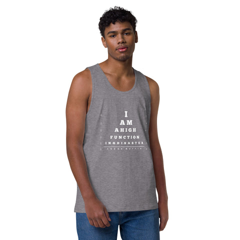 Athletic-Heather product with 'High Functioning Disaster Men‚Äö√Ñ√∂‚àö√ë‚àö¬•s Tank Top (White Print)' design — for soft rebellion and everyday emotional expression.