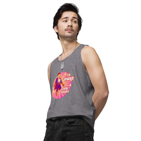 Athletic-Heather-Left product with 'I Sparkle, You Squint Glow Dude Tank Top' design — Funny therapy gifts.