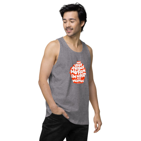 Athletic-Heather-Right product with 'Not Your Average Muffin Mens Tank Top' design — Burnout clothing for the emotionally complex himbo era.