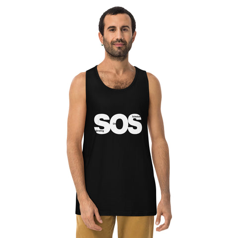 Black product with 'SOS Men‚Äö√Ñ√∂‚àö√ë‚àö¬•s Tank Top Black' design — for soft rebellion and everyday emotional expression.