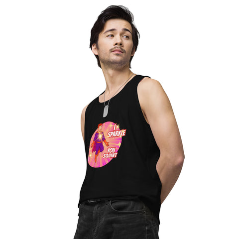 Black-Left product with 'I Sparkle, You Squint Glow Dude Tank Top' design — Funny therapy gifts.