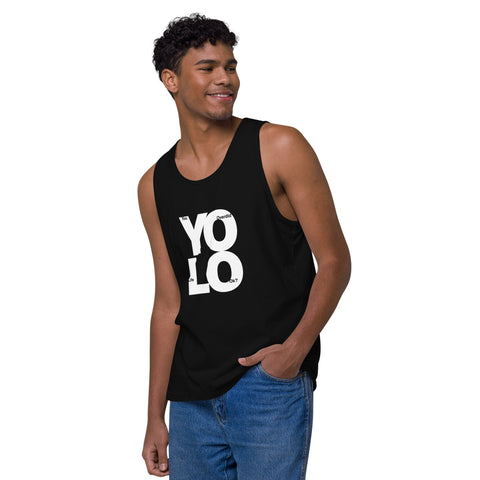 Black product with 'YOLO Men‚Äö√Ñ√∂‚àö√ë‚àö¬•s Tank Top Black' design — for soft rebellion and everyday emotional expression.