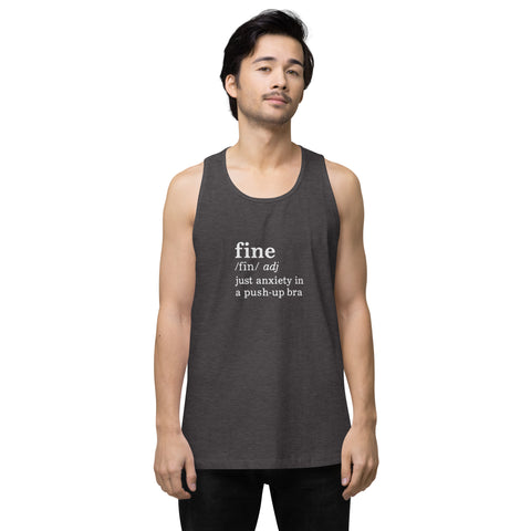Charcoal-Heather product with 'Define Fine Men‚Äö√Ñ√∂‚àö√ë‚àö¬•s Tank Top (White Print)' design — for soft rebellion and everyday emotional expression.