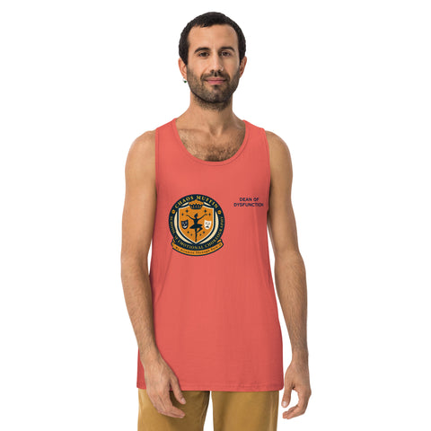 Coral product with 'School of Emotional Choreography Mens Tank Top' design — Unhinged fashion for bros with burnout and a minor in emotional fluency.