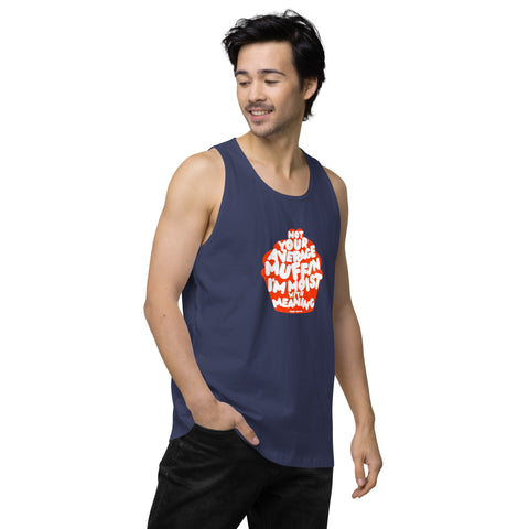 Harbor-Blue-Right product with 'Not Your Average Muffin Mens Tank Top' design — Burnout clothing for the emotionally complex himbo era.