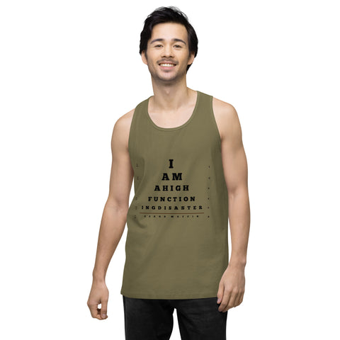 Military-Green product with 'High Functioning Disaster Men‚Äö√Ñ√∂‚àö√ë‚àö¬•s Tank Top (Black Print)' design — for soft rebellion and everyday emotional expression.