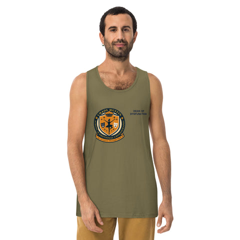 Military-Green product with 'School of Emotional Choreography Mens Tank Top' design — Unhinged fashion for bros with burnout and a minor in emotional fluency.