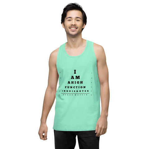 Mint product with 'High Functioning Disaster Men‚Äö√Ñ√∂‚àö√ë‚àö¬•s Tank Top (Black Print)' design — for soft rebellion and everyday emotional expression.