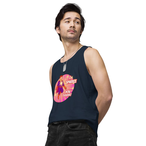 Navy-Left product with 'I Sparkle, You Squint Glow Dude Tank Top' design — Funny therapy gifts.