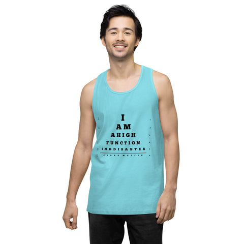 Pacific-Blue product with 'High Functioning Disaster Men‚Äö√Ñ√∂‚àö√ë‚àö¬•s Tank Top (Black Print)' design — for soft rebellion and everyday emotional expression.