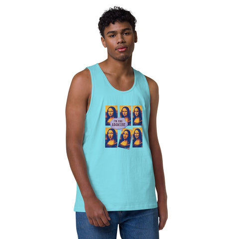 Pacific-Blue product with 'Im Fine-Adjacent Men‚Äö√Ñ√∂‚àö√ë‚àö¬•s Tank Top' design — for soft rebellion and everyday emotional expression.