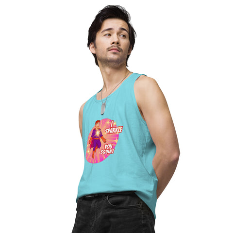 Pacific-Blue-Left product with 'I Sparkle, You Squint Glow Dude Tank Top' design — Funny therapy gifts.