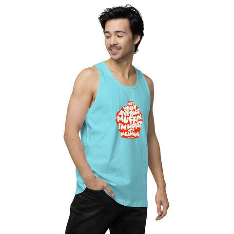 Pacific-Blue-Right product with 'Not Your Average Muffin Mens Tank Top' design — Burnout clothing for the emotionally complex himbo era.