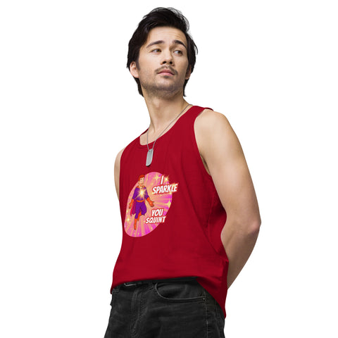 Red-Left product with 'I Sparkle, You Squint Glow Dude Tank Top' design — Funny therapy gifts.