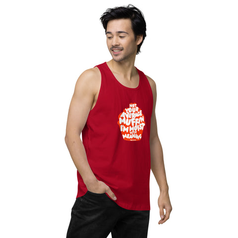 Red-Right product with 'Not Your Average Muffin Mens Tank Top' design — Burnout clothing for the emotionally complex himbo era.