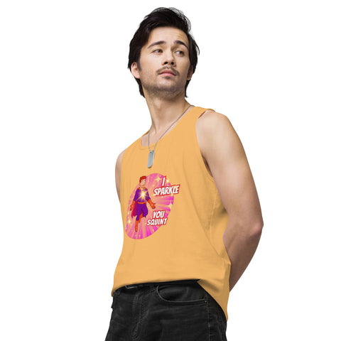 Squash-Left product with 'I Sparkle, You Squint Glow Dude Tank Top' design — Funny therapy gifts.
