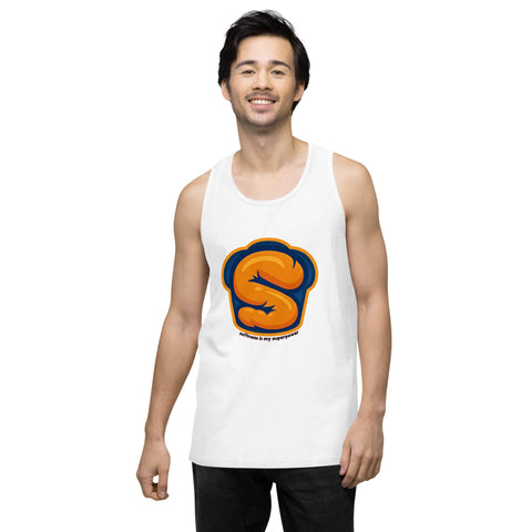 White product with 'Softness Is My Superpower Mens Tank Top' design — Funny therapy shirts that flex with feeling.