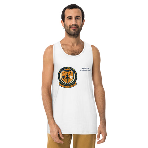 White product with 'School of Emotional Choreography Mens Tank Top' design — Unhinged fashion for bros with burnout and a minor in emotional fluency.