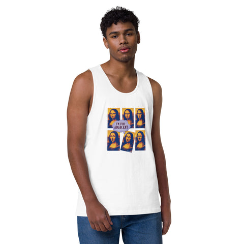 White product with 'Im Fine-Adjacent Men‚Äö√Ñ√∂‚àö√ë‚àö¬•s Tank Top' design — for soft rebellion and everyday emotional expression.