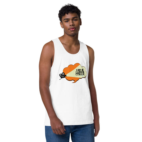 White product with 'I Cry In 4K Men‚Äö√Ñ√∂‚àö√ë‚àö¬•s Tank Top' design — for soft rebellion and everyday emotional expression.