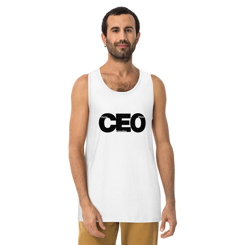White product with 'CEO Men‚Äö√Ñ√∂‚àö√ë‚àö¬•s Tank Top White' design — for soft rebellion and everyday emotional expression.