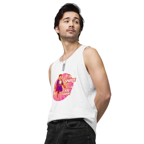 White-Left product with 'I Sparkle, You Squint Glow Dude Tank Top' design — Funny therapy gifts.