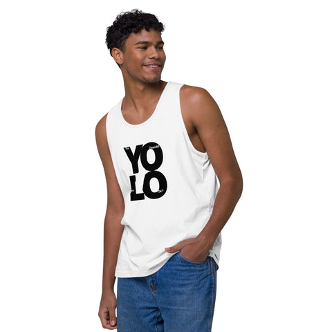 White product with 'YOLO Men‚Äö√Ñ√∂‚àö√ë‚àö¬•s Tank Top White' design — for soft rebellion and everyday emotional expression.