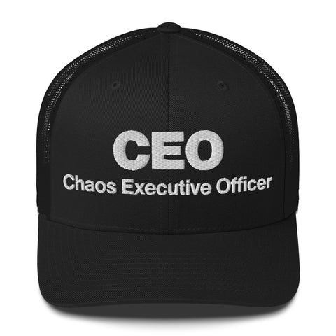Black retro trucker hat with 'CEO Retro Hat (White Thread)' design — Unhinged fashion with mesh for airflow and mood swings.
