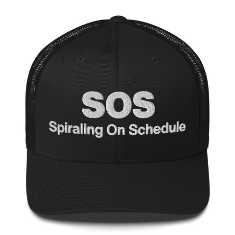 Black retro trucker hat with 'SOS Retro Hat (White Thread)' design — Unhinged fashion for crisis ventilation.