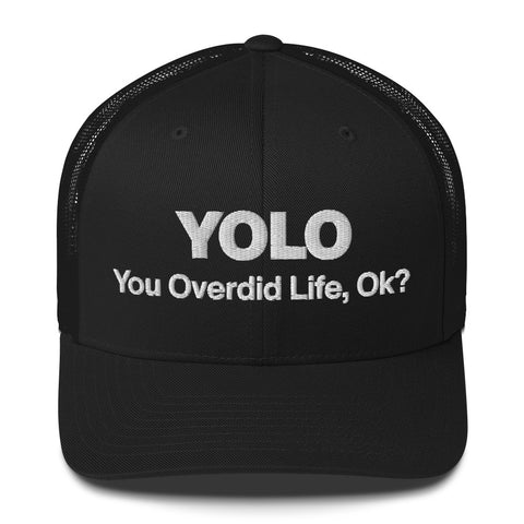 Black retro trucker hat with 'YOLO Retro Hat (White Thread)' design — Emotional support fashion with shade and ventilation.