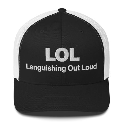 Black White retro trucker hat with 'LOL Retro Hat (White Thread)' design — Funny mental health merch with full sass protection.