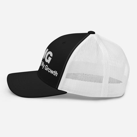 Black White retro trucker hat with 'OMG Retro Hat (White Thread)' design — Funny mental health merch that doubles as a Thinking Cap—mesh in the back, spiral in the front.