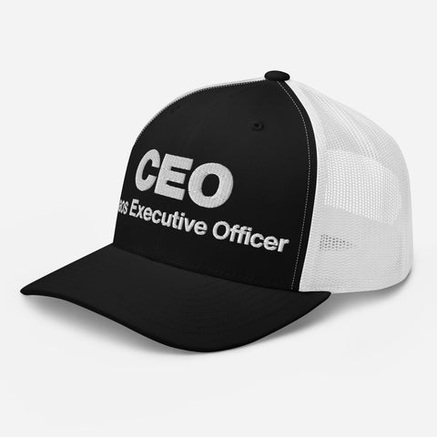 Black White Left retro trucker hat with 'CEO Retro Hat (White Thread)' design — Unhinged fashion with mesh for airflow and mood swings.