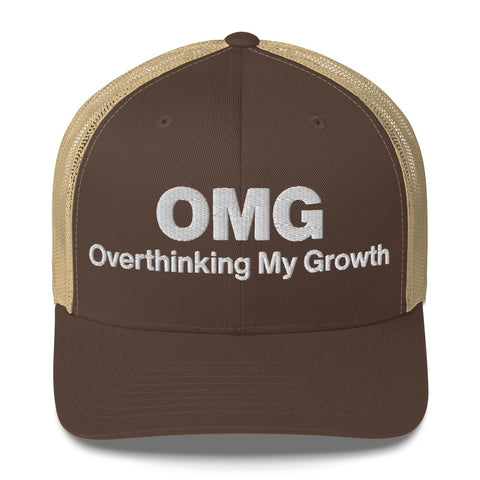Brown Khaki retro trucker hat with 'OMG Retro Hat (White Thread)' design — Funny mental health merch that doubles as a Thinking Cap—mesh in the back, spiral in the front.