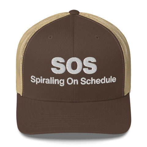 Brown Khaki retro trucker hat with 'SOS Retro Hat (White Thread)' design — Unhinged fashion for crisis ventilation.