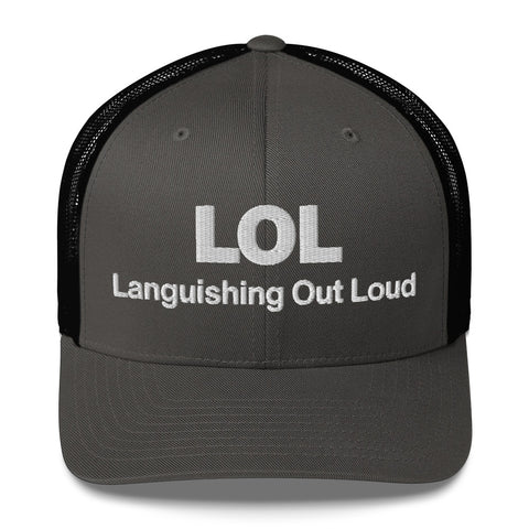 Charcoal Black retro trucker hat with 'LOL Retro Hat (White Thread)' design — Funny mental health merch with full sass protection.