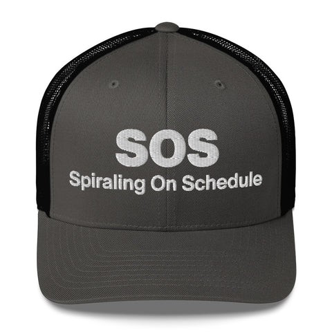 Charcoal Black retro trucker hat with 'SOS Retro Hat (White Thread)' design — Unhinged fashion for crisis ventilation.