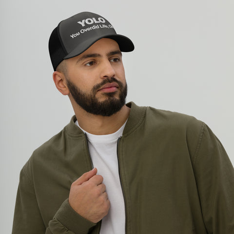 Charcoal Black retro trucker hat with 'YOLO Retro Hat (White Thread)' design — Emotional support fashion with shade and ventilation.